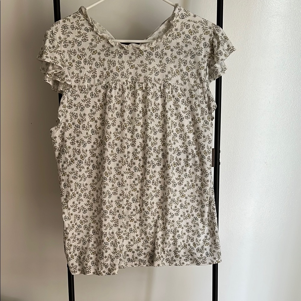 LOFT Cream and Brown Flutter Sleeve Blouse
